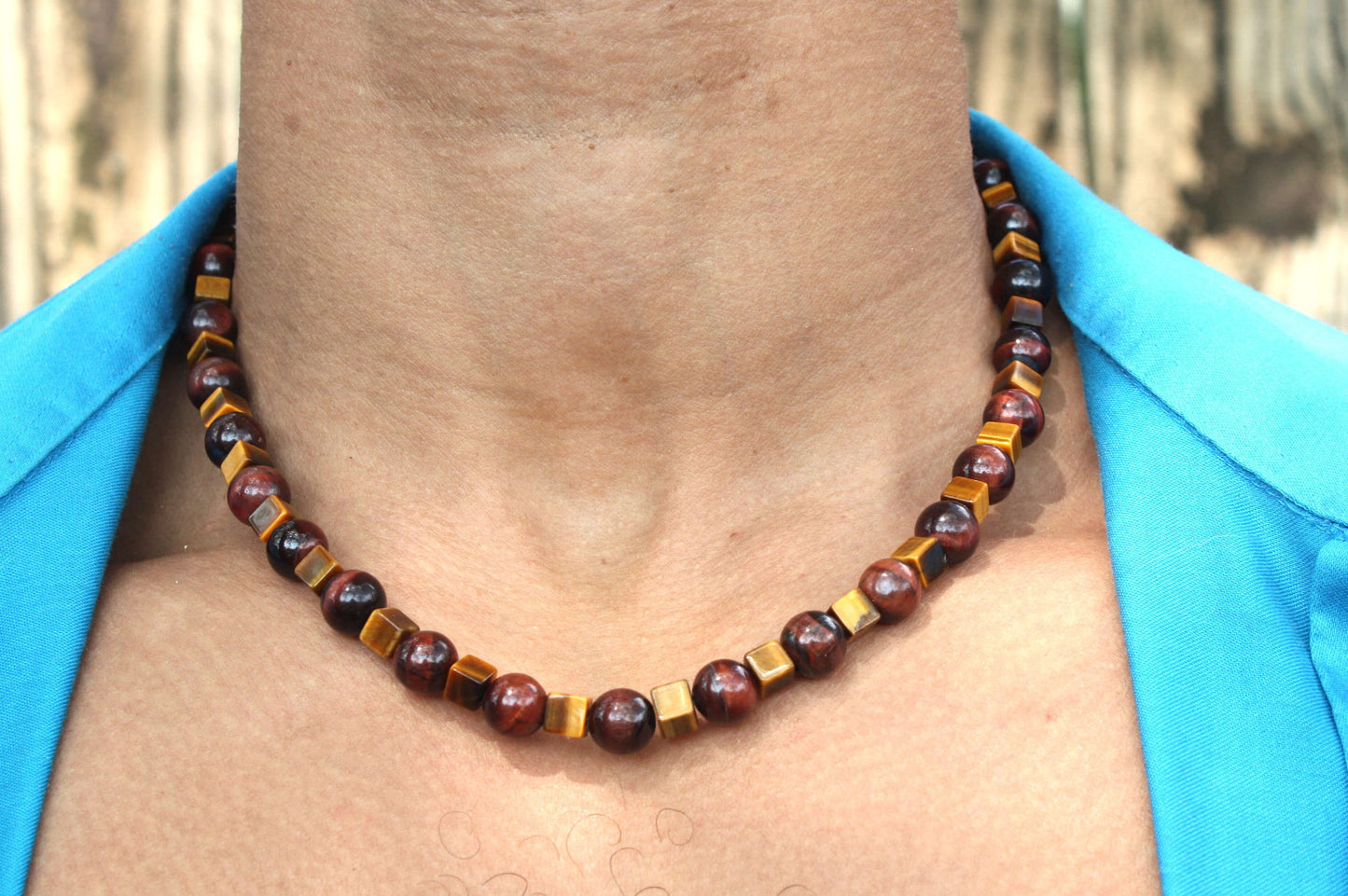Aztec Style Red & Yellow Tiger Eye Necklace β Handmade Gemstone Jewelry for Balance, Courage & Creativity