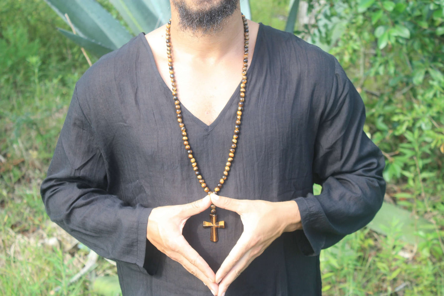 Tiger Eye Mala Necklace with Cross Pendant β 108 Beads, 33-Inch Meditation & Spiritual Jewelry
