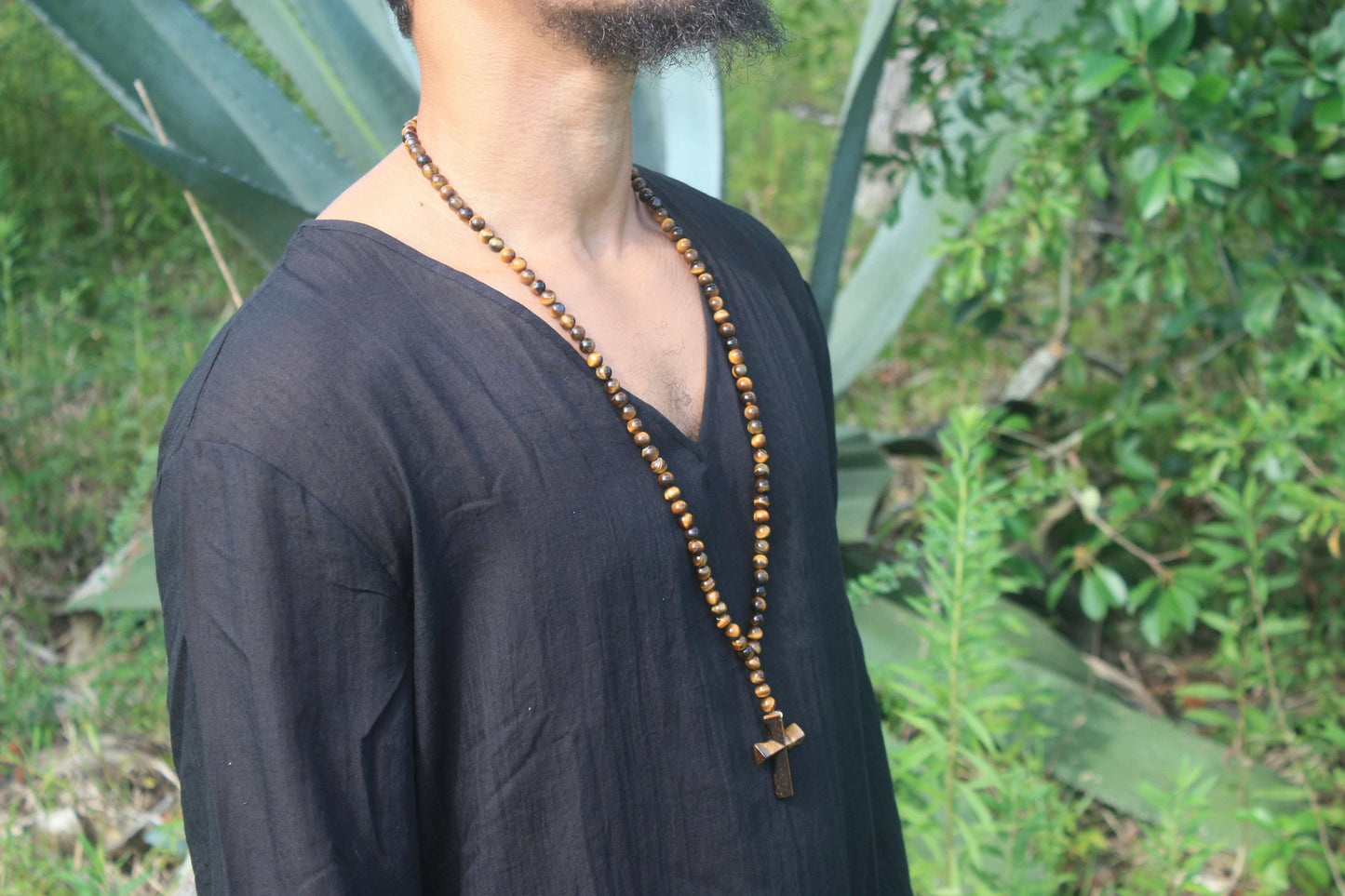 Tiger Eye Mala Necklace with Cross Pendant β 108 Beads, 33-Inch Meditation & Spiritual Jewelry