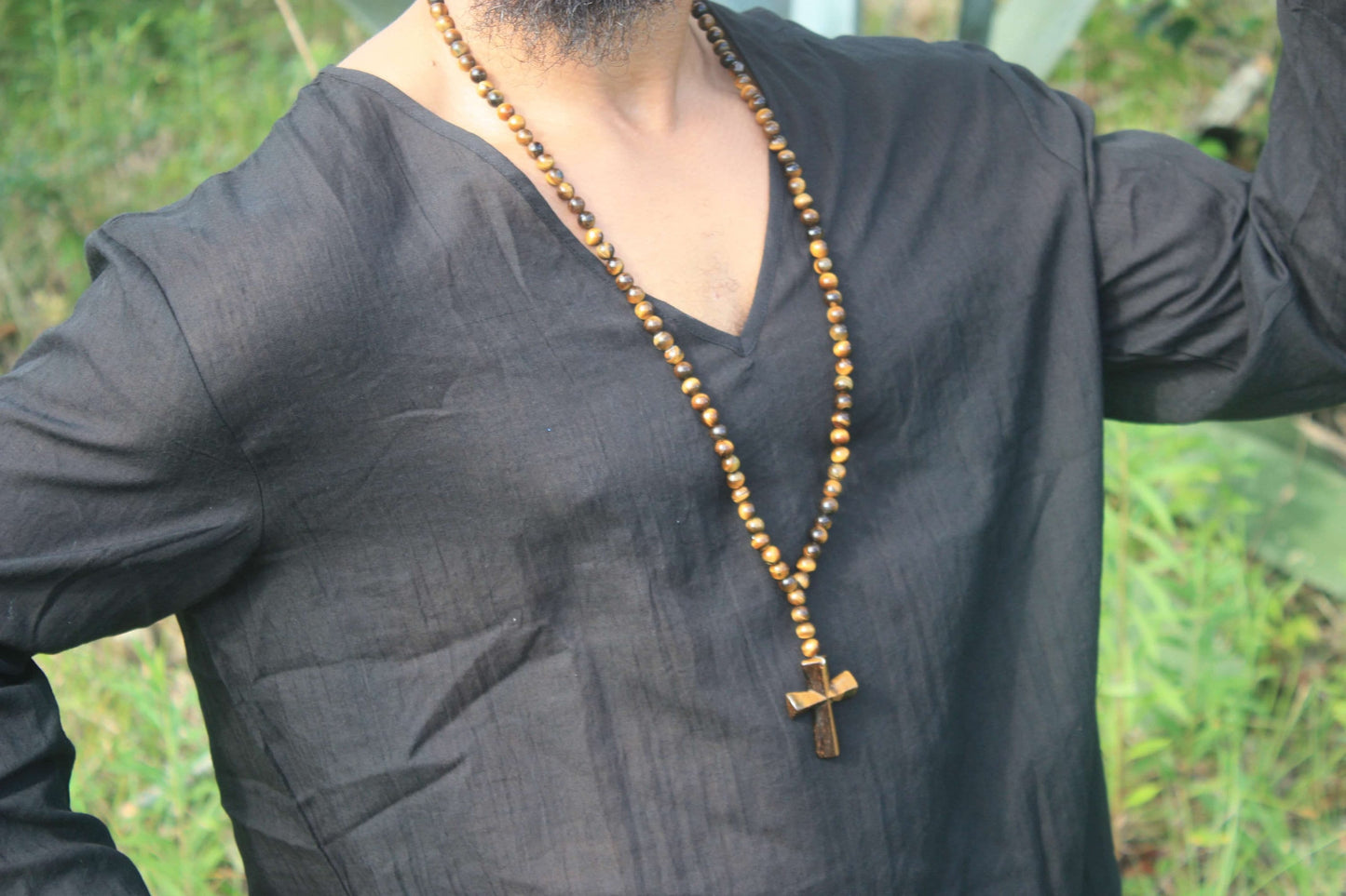 Tiger Eye Mala Necklace with Cross Pendant β 108 Beads, 33-Inch Meditation & Spiritual Jewelry