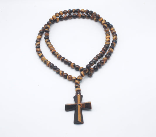 Tiger Eye Mala Necklace with Cross Pendant – 108 Beads, 33-Inch Meditation & Spiritual Jewelry