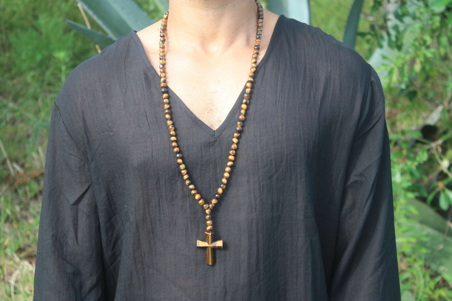 Tiger Eye Mala Necklace with Cross Pendant β 108 Beads, 33-Inch Meditation & Spiritual Jewelry