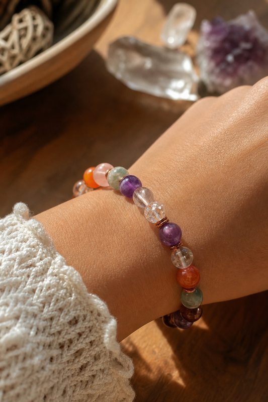 A photorealistic close‑up of a handcrafted crystal bracelet on a soft wooden table, sunlight highlighting the beads’ colors, alt: crystal healing bracelet on wrist