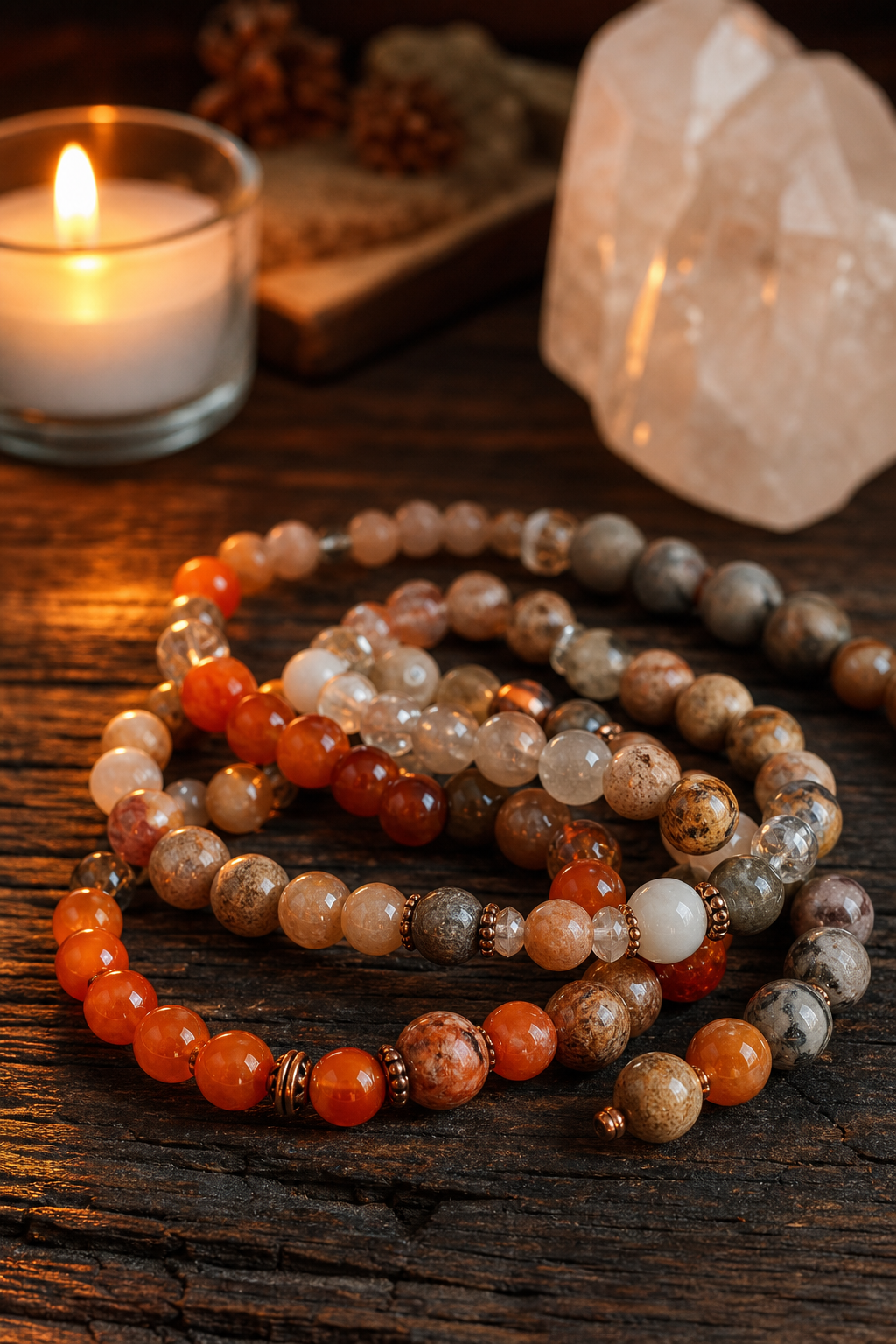 A photorealistic close-up of several handcrafted gemstone bead bracelets in warm orange and earthy tones resting on a dark wooden table near a lit candle. Alt: intention-crafted crystal bracelet combinations on a wooden surface.
