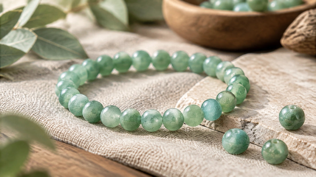 Polished green aventurine gemstone beads glowing softly in natural light on warm linen