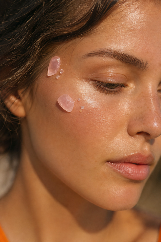 Rose quartz face gem on skin for crystal healing adornment