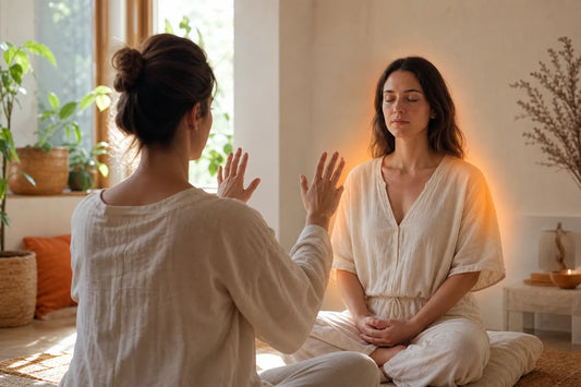 Soft focus aura reading exercise with partner