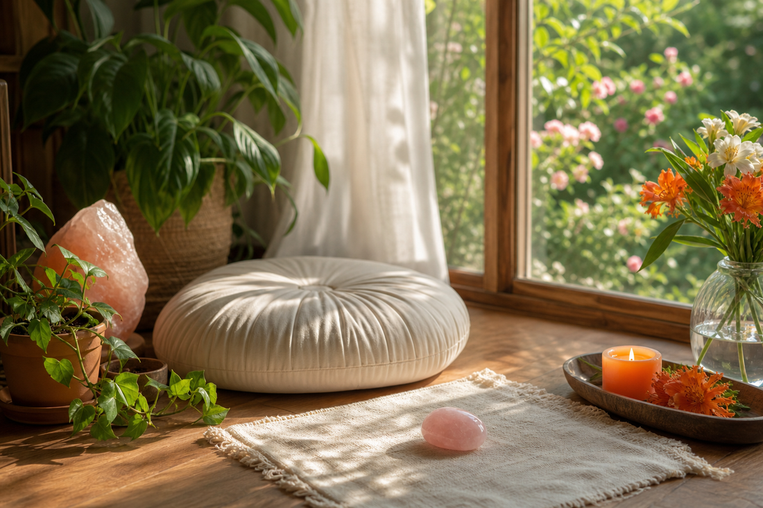 Grounded meditation space for heart chakra healing
