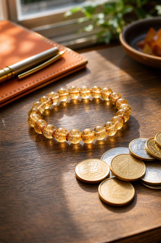 A photorealistic close-up of a warm golden citrine bracelet resting on a wooden desk next to a small pile of coins, natural sunlight streaming in from a window. Alt: Citrine bracelet for wealth attraction on a desk with coins