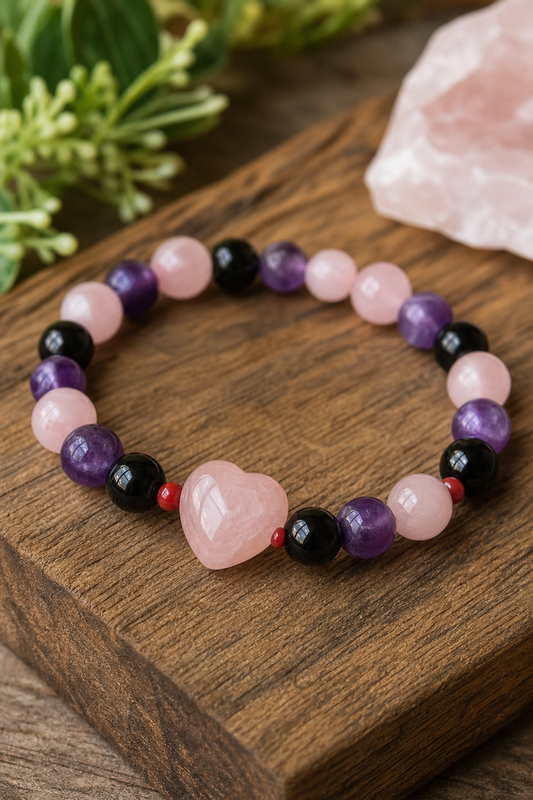 A photorealistic close‑up of a handcrafted crystal bracelet featuring rose quartz, amethyst, and black onyx beads on a w