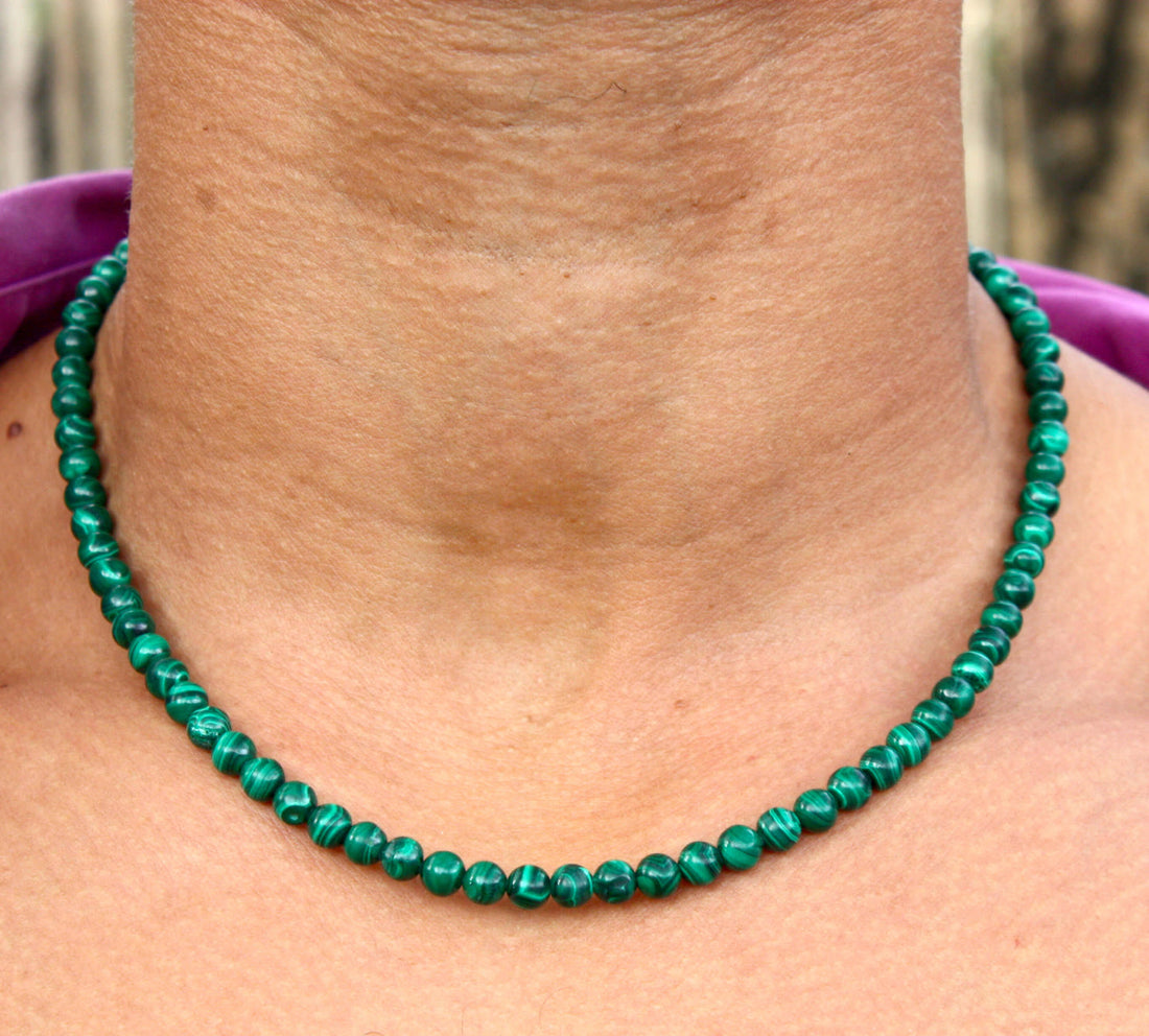 Genuine malachite beaded necklace with deep green natural banding