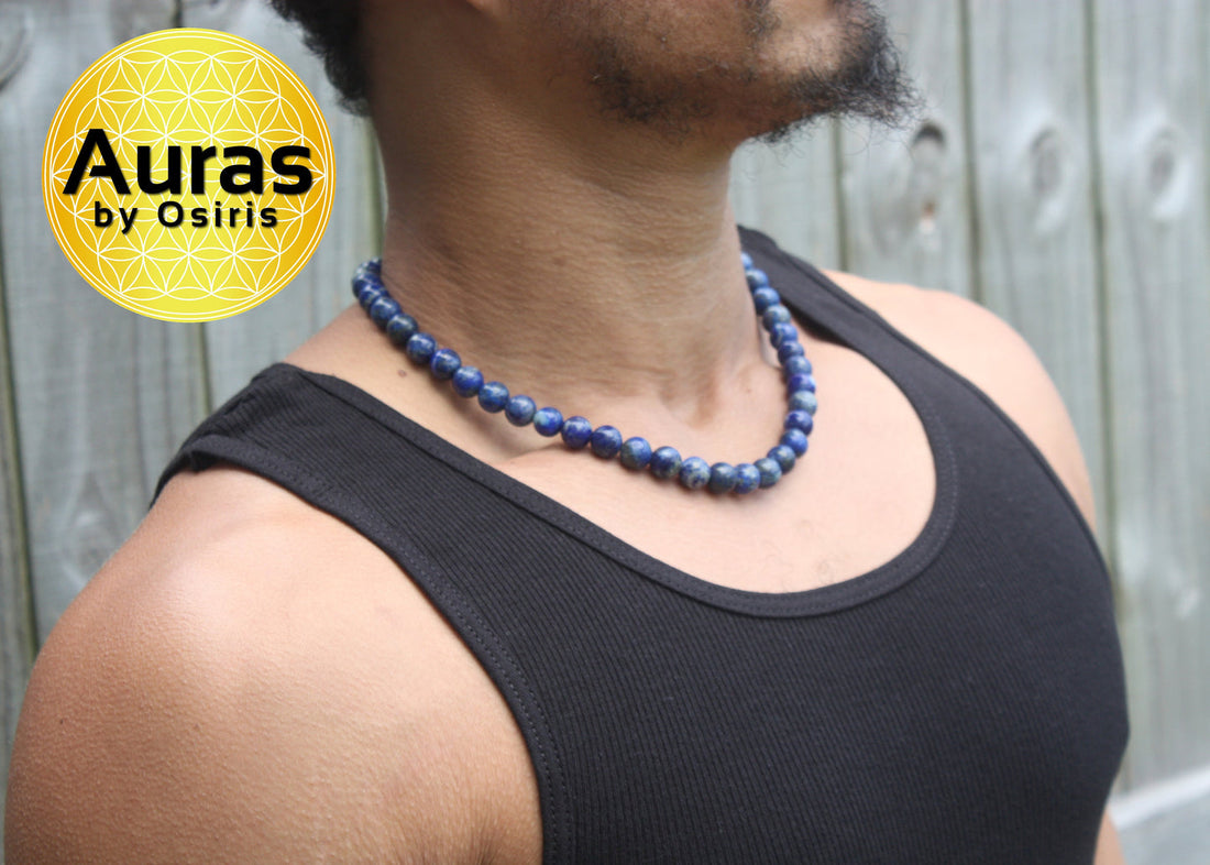 Deep blue lapis lazuli beaded necklace in natural light