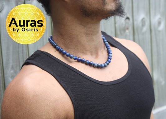 Deep blue lapis lazuli beaded necklace in natural light