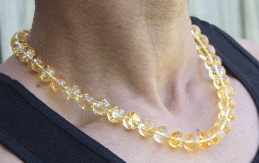 Handmade 12mm citrine gemstone necklace with bold, polished golden beads