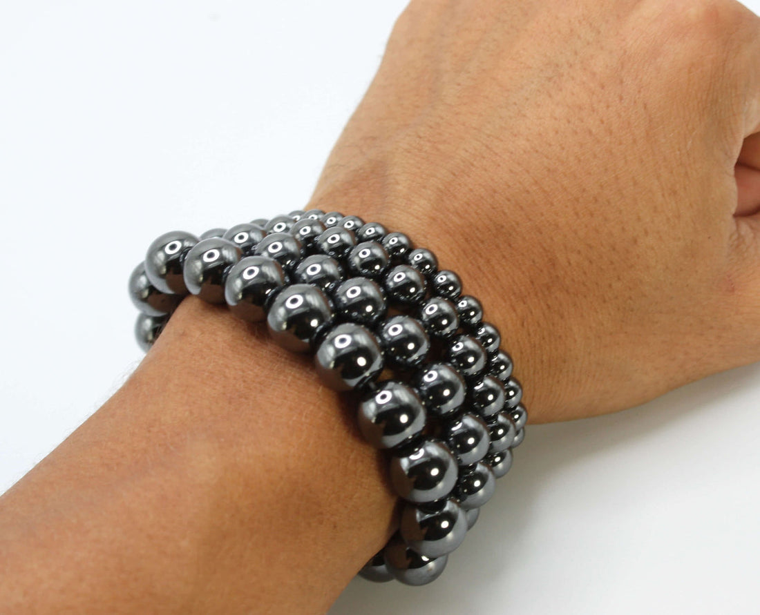 Handmade hematite bracelet with polished metallic-gray beads and magnetic clasp