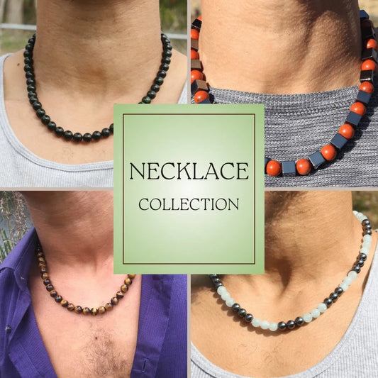 Handmade gemstone necklaces in earthy and colorful natural stones, arranged as a thoughtful gift collection