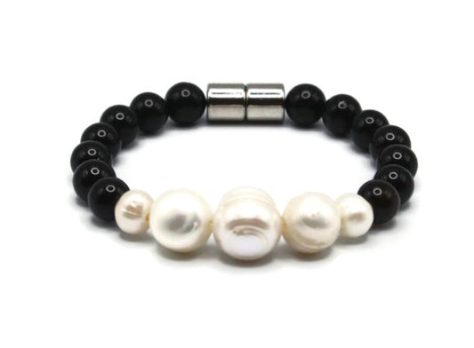 Handmade Freshwater Pearl and Black Onyx Bracelet – Genuine Gemstone Beaded Jewelry for Men & Women