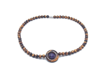 Tiger Eye & Charoite Necklace – Handmade Tribal Gemstone Jewelry for Men & Women – Protection, Healing & Planetary Energy