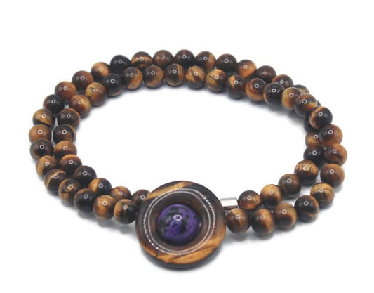 Tiger Eye & Charoite Necklace – Handmade Tribal Gemstone Jewelry for Men & Women – Protection, Healing & Planetary Energy