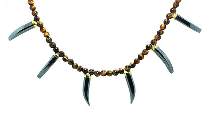 Tiger Tooth & Hematite Necklace for Men – Tiger Eye Beaded Wakanda-Inspired African Black Panther Jewelry