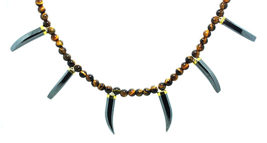 Tiger Tooth & Hematite Necklace for Men – Tiger Eye Beaded Wakanda-Inspired African Black Panther Jewelry