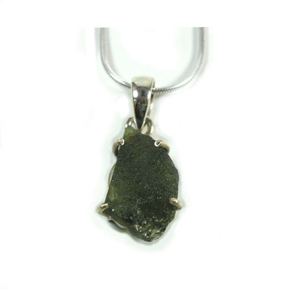 17” Genuine Moldavite Necklace – Authentic Meteorite Crystal Pendant on Sterling Silver Snake Chain (Men & Women)