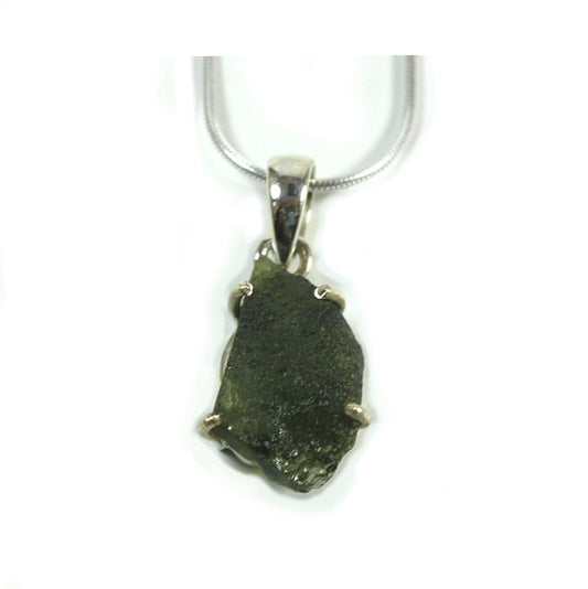17” Genuine Moldavite Necklace – Authentic Meteorite Crystal Pendant on Sterling Silver Snake Chain (Men & Women)