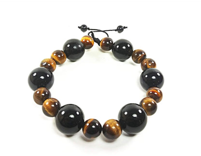 AURAS BY OSIRIS - Handmade Onyx And Tiger Eye Bracelet - Fits Any Size Wrist - Large Powerful Stones - For Men