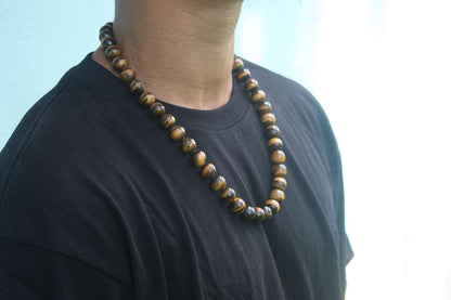 Men’s Tiger Eye Necklace – 14mm Large Beaded Healing Crystal Necklace – 24 Inch Prosperity & Anti-Depression Jewelry