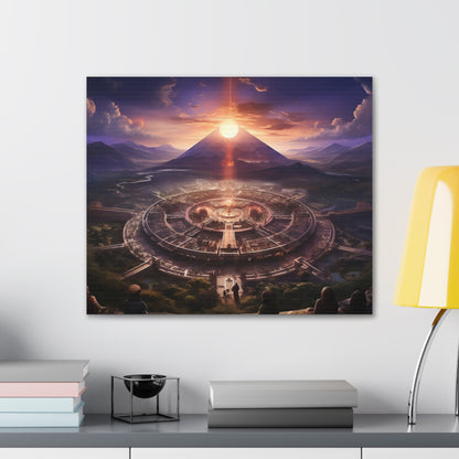 Ancient Mayan Temple With Mountain and Sunset Canvas Spiritual Decor