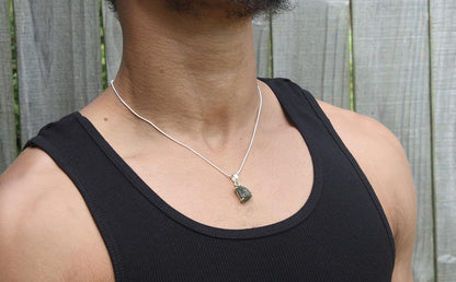17” Genuine Moldavite Necklace – Authentic Meteorite Crystal Pendant on Sterling Silver Snake Chain (Men & Women)