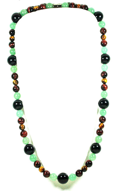 African Tribal Necklace for Men – 25 Inch Long Beaded Gemstone Necklace with Onyx, Green Jade Aventurine, Red & Yellow Tiger Eye – Handmade Spiritual Jewelry
