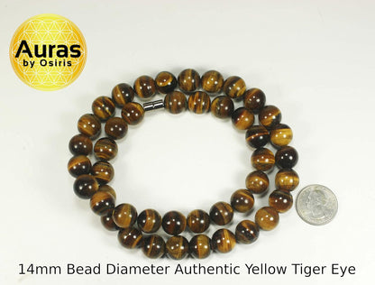 Men’s Tiger Eye Necklace – 14mm Large Beaded Healing Crystal Necklace – 24 Inch Prosperity & Anti-Depression Jewelry