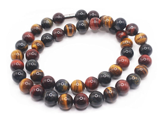 30” Multi-Color Tiger Eye Necklace – 16mm Yellow, Red & Blue Gemstone Beads