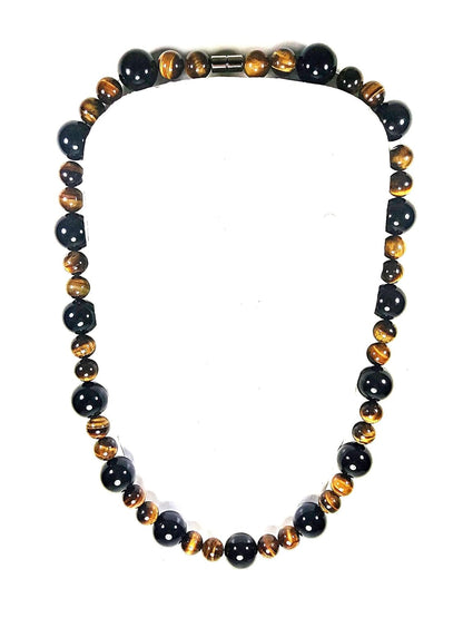 Mens Beaded Necklace - Tiger Eye Necklace - Black Onyx Necklace - Karma Protection Necklace - Anti Depression - Crystal Healing Gemstone Talisman