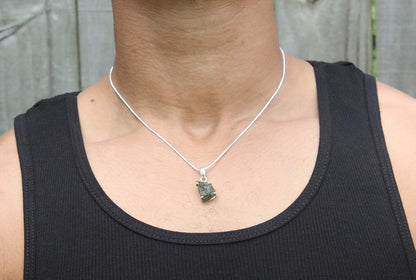 17” Genuine Moldavite Necklace – Authentic Meteorite Crystal Pendant on Sterling Silver Snake Chain (Men & Women)