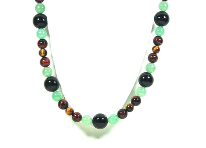 African Tribal Necklace for Men – 25 Inch Long Beaded Gemstone Necklace with Onyx, Green Jade Aventurine, Red & Yellow Tiger Eye – Handmade Spiritual Jewelry