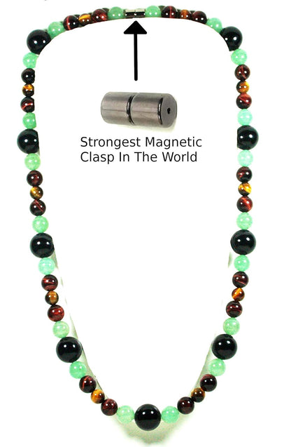 African Tribal Necklace for Men – 25 Inch Long Beaded Gemstone Necklace with Onyx, Green Jade Aventurine, Red & Yellow Tiger Eye – Handmade Spiritual Jewelry