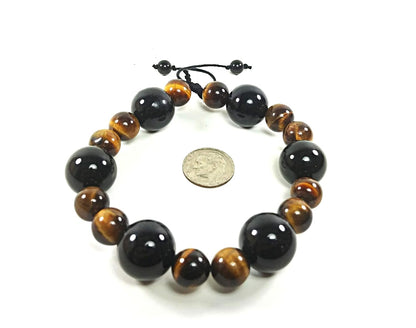 AURAS BY OSIRIS - Handmade Onyx And Tiger Eye Bracelet - Fits Any Size Wrist - Large Powerful Stones - For Men
