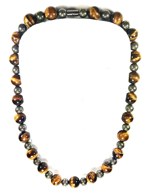 Handmade Tiger Eye & Pyrite Necklace for Men – Prosperity, Grounding & Protection Beaded Mala – 22”