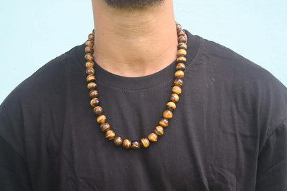 Men’s Tiger Eye Necklace – 14mm Large Beaded Healing Crystal Necklace – 24 Inch Prosperity & Anti-Depression Jewelry