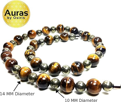 Men’s Beaded Necklace – 14mm Tiger Eye & 10mm Pyrite Gemstone – Healing Crystal Protection Jewelry for Confidence & Energy
