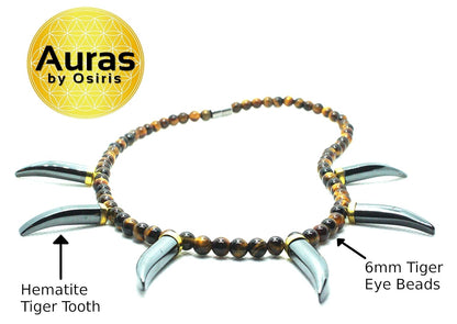 Tiger Tooth & Hematite Necklace for Men – Tiger Eye Beaded Wakanda-Inspired African Black Panther Jewelry