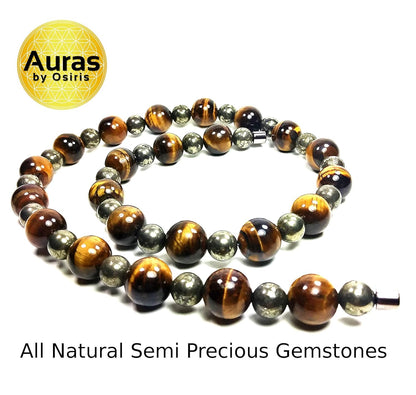 Handmade Tiger Eye & Pyrite Necklace for Men – Prosperity, Grounding & Protection Beaded Mala – 22”