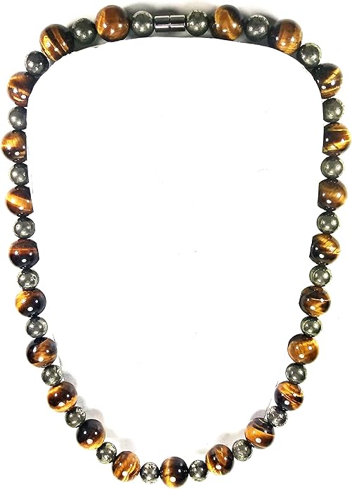 Men’s Beaded Necklace – 14mm Tiger Eye & 10mm Pyrite Gemstone – Healing Crystal Protection Jewelry for Confidence & Energy