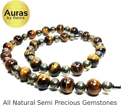 Men’s Beaded Necklace – 14mm Tiger Eye & 10mm Pyrite Gemstone – Healing Crystal Protection Jewelry for Confidence & Energy
