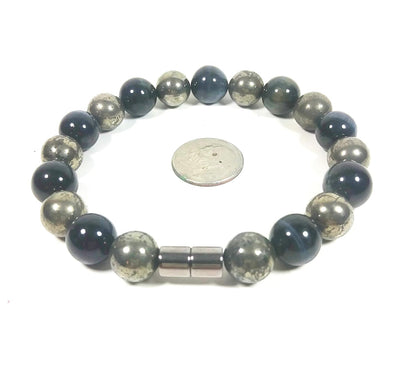 Handmade Pyrite Blue Tigers Eye Bracelet 10mm Natural Gemstones-Strong Leather Cord (AURAS BY OSIRIS)