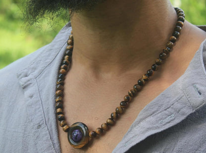 Tiger Eye & Charoite Necklace – Handmade Tribal Gemstone Jewelry for Men & Women – Protection, Healing & Planetary Energy