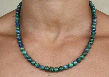 Azurite Crystal Necklace for Men/Women - Chrysocolla Crystal Bead Necklace - Chrysocolla Lapis Lazuli Necklace - Natural Gemstones - Beaded Choker Necklaces for Women/Men
