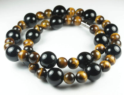 Mens Beaded Necklace - Tiger Eye Necklace - Black Onyx Necklace - Karma Protection Necklace - Anti Depression - Crystal Healing Gemstone Talisman